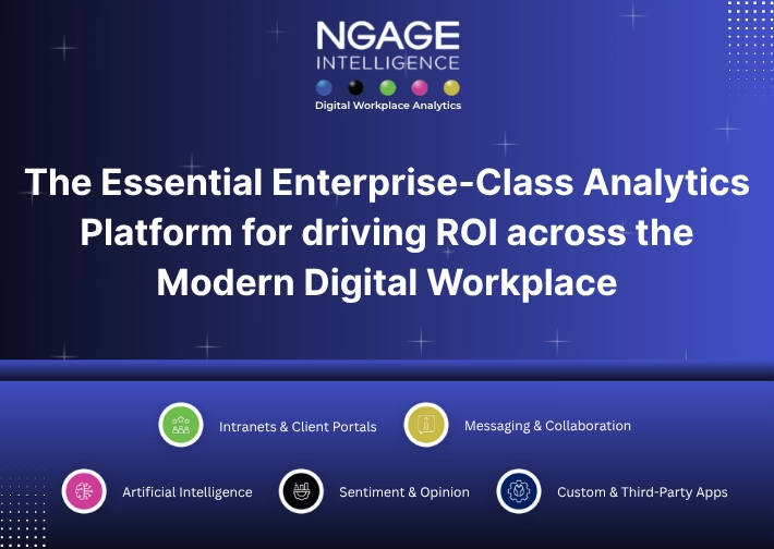 Ngage Intelligence digital workplace analytics platform showing enterprise analytics features like AI, messaging, intranet portals, and sentiment analysis